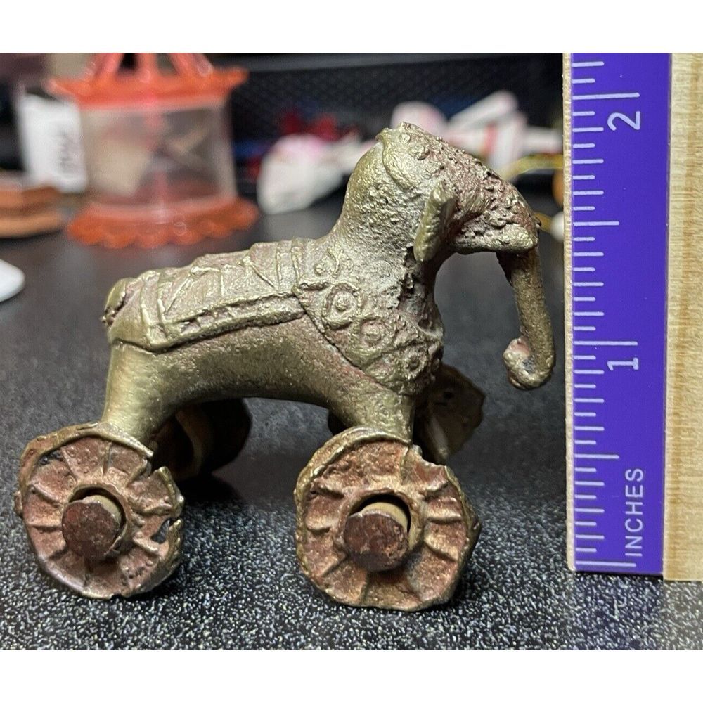 Antique Vintage India Shrine Temple Toy Brass Metal Elephant Rider Wheels Hindu - Picture 13 of 16